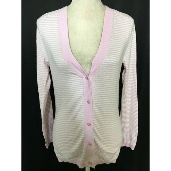 J Crew Pink White Striped Long Sleeve Cardigan - Picture 1 of 6